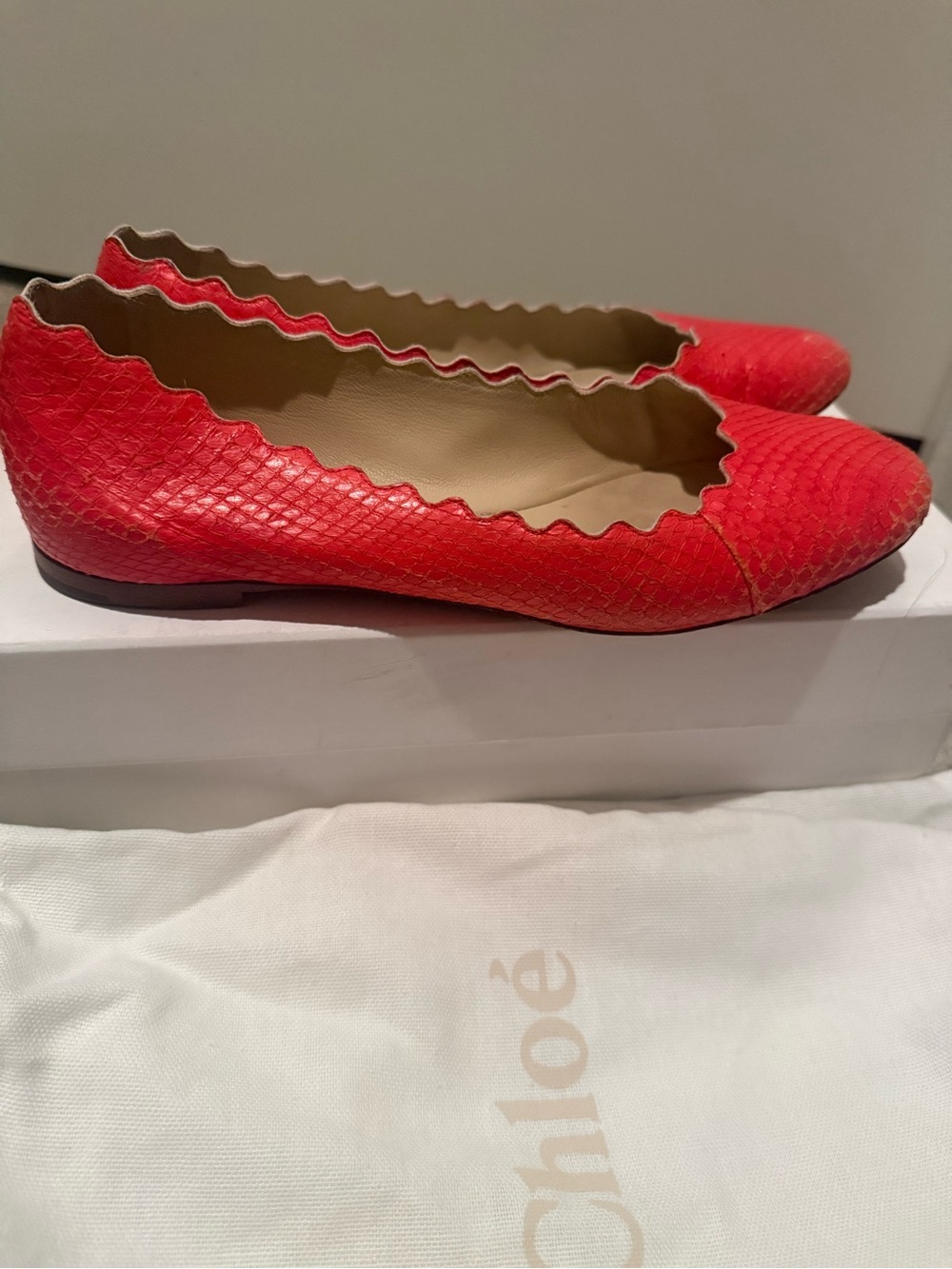 Chloe Red Scalloped Snakeskin Ballet Flats